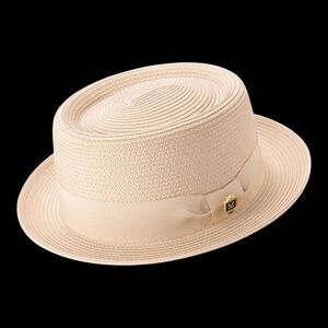 MONTIQUE MEN'S SOLID BEIGE STRAW PORK PIE HAT. H95